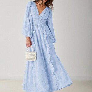 Baby Blue Elegant Women's Romantic Floral V-Neck Long Sleeve Maxi Dress